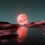 A glowing red moon reflects in water over alien landscape.