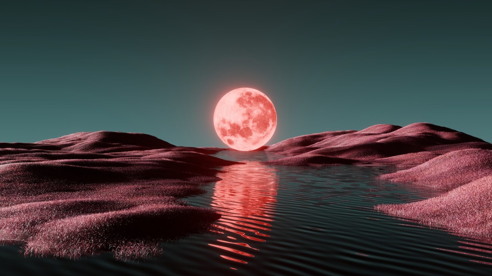 A glowing red moon reflects in water over alien landscape.