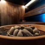 Hot sauna stones in a wooden heater.